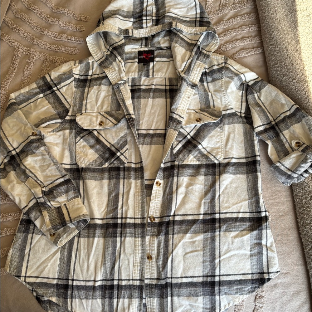Plaid Hooded Shirt in Black and White